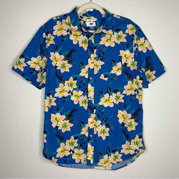 Old Navy Men’s Slim Fit Coupe Blue Hawaiian Short Sleeves Button Down Shirt - Picture 1 of 12